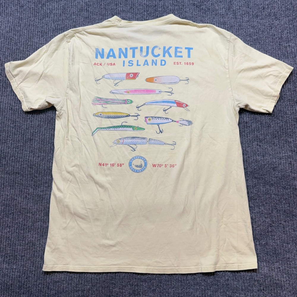 Techstyles Nantucket Island Fishing Lure Graphic Shirt Mens Large Yellow Cotton